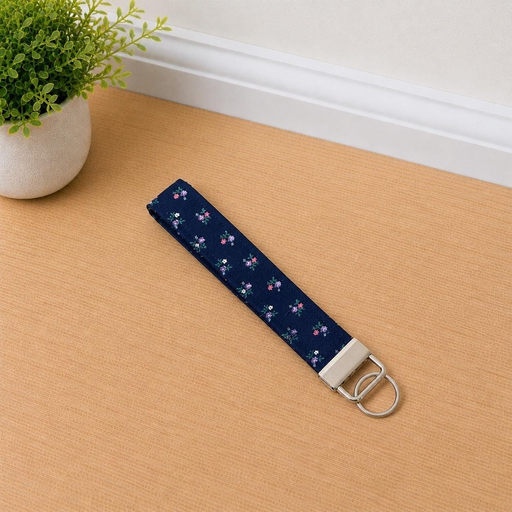 Floral Keychain Wristlet Navy Blue | Fabric Key Fob | Cute Key Holder Strap